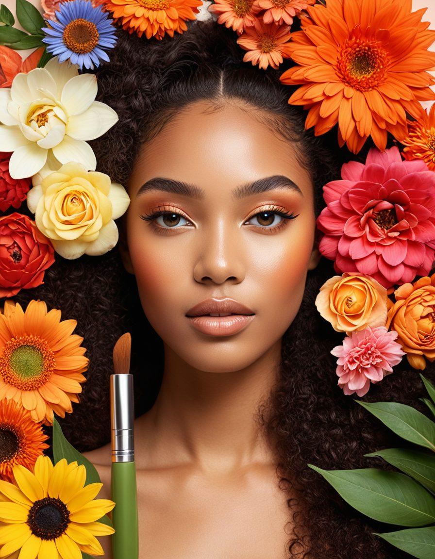 A visually striking collage showcasing diverse beauty standards from around the world, featuring portraits of individuals with different skin tones, hair textures, and cultural backgrounds. Incorporate elements of nature, like flowers and landscapes, to represent the beauty of the earth. Add makeup tools and cosmetics in a harmonious arrangement, symbolizing the beauty industry. The background should blend warm and inviting colors to create an uplifting atmosphere. super-realistic. vibrant colors. white background.